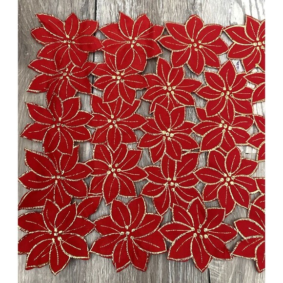 Red Poinsettia Table Runner Embroidered Cutwork Xmas Decor 35" x 13.5" - Picture 2 of 5